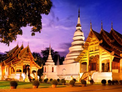 Phra Singh temple twilight time Viharn Lai Kam Wat Phra Singh is located in the western part of the old city center of Chiang Mai.